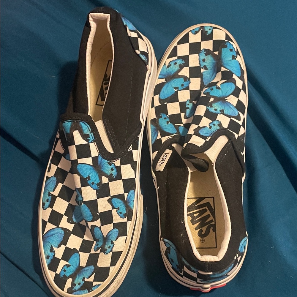 Vans Black and White Checkered Sneakers with Blue Butterflies